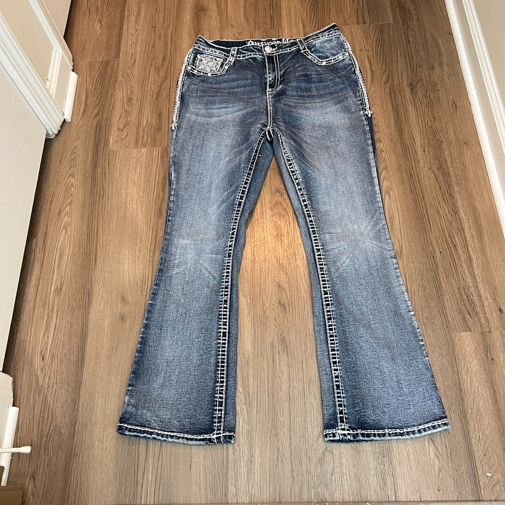 Answer Me Jeans 15/30 Rhinestone Cross Embroidered Flare Jeans Western Y2K